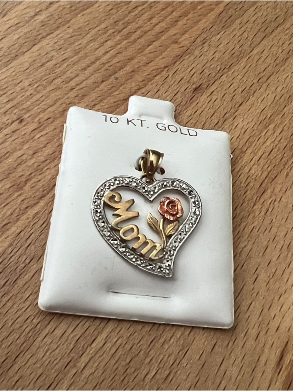 Sentimental 'Mom' Heart Pendant Necklace in Gold with Rose Accent
